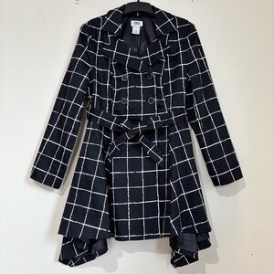 Monroe & Main Preppy Black White Plaid Double-breasted Peplum Swing Trench Coat